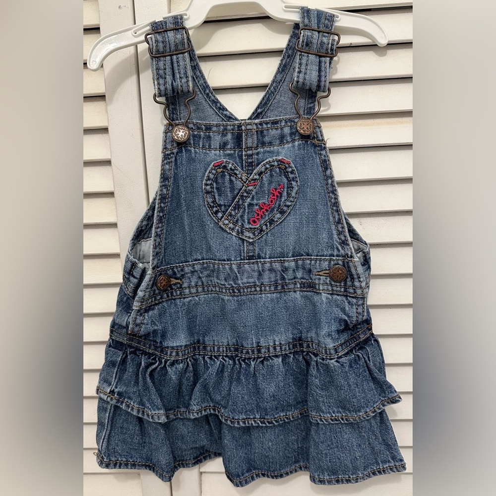 OshKosh Girls Denim Heart Embroidered Ruffle Overalls Size 12 Month